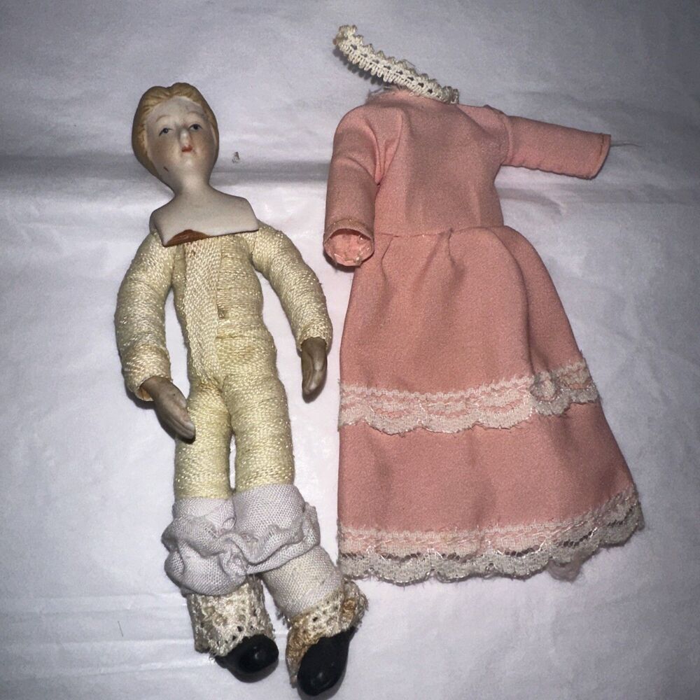 Beautiful, 5" German antique bisque shoulderhead, dressed dollhouse lady doll
